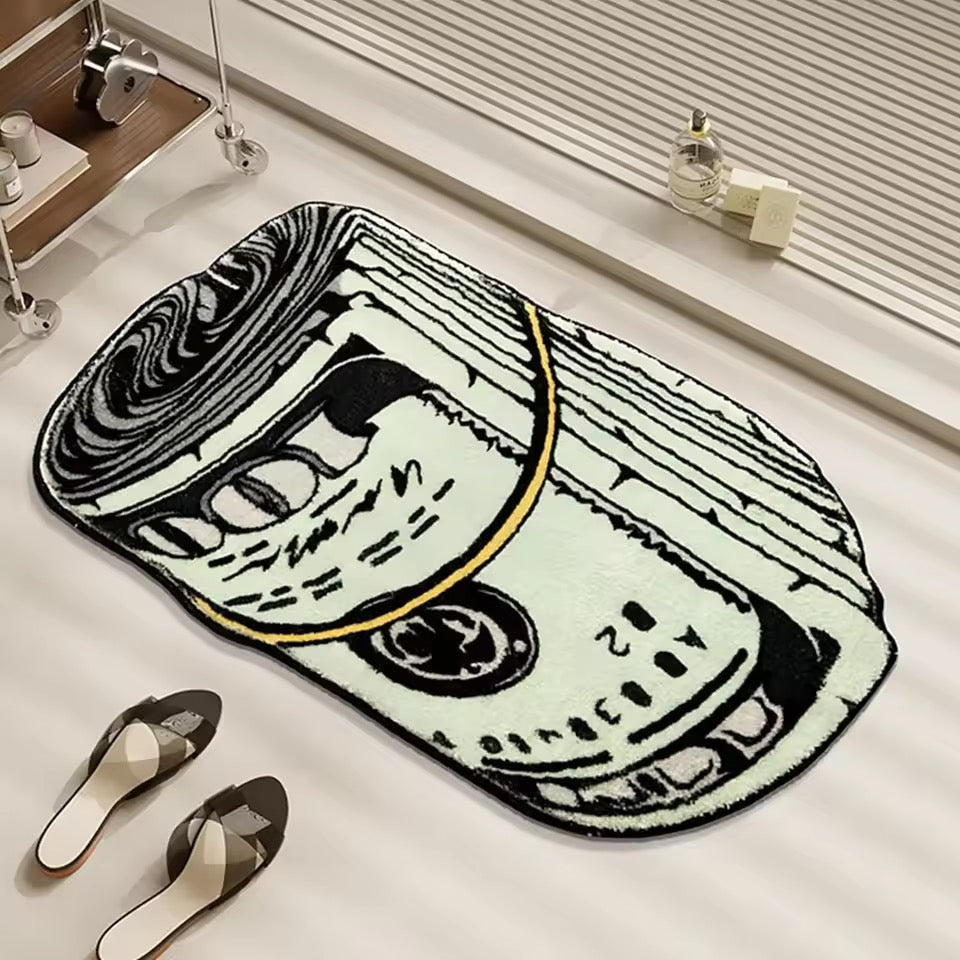 Bold novelty rug in Gen Z bedroom with minimalist modern furniture
