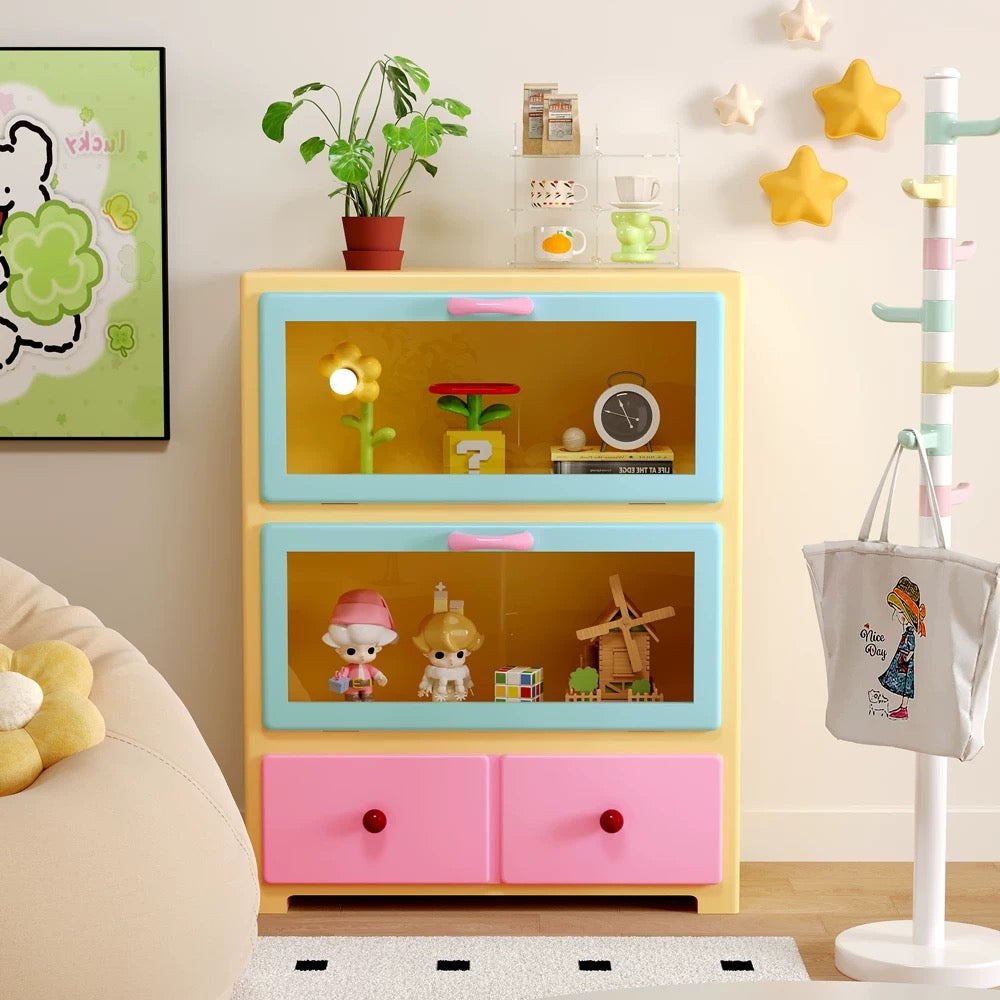 Pink display cabinet for figurines adding cute playful dopamine vibes to modern aesthetic interiors spaces