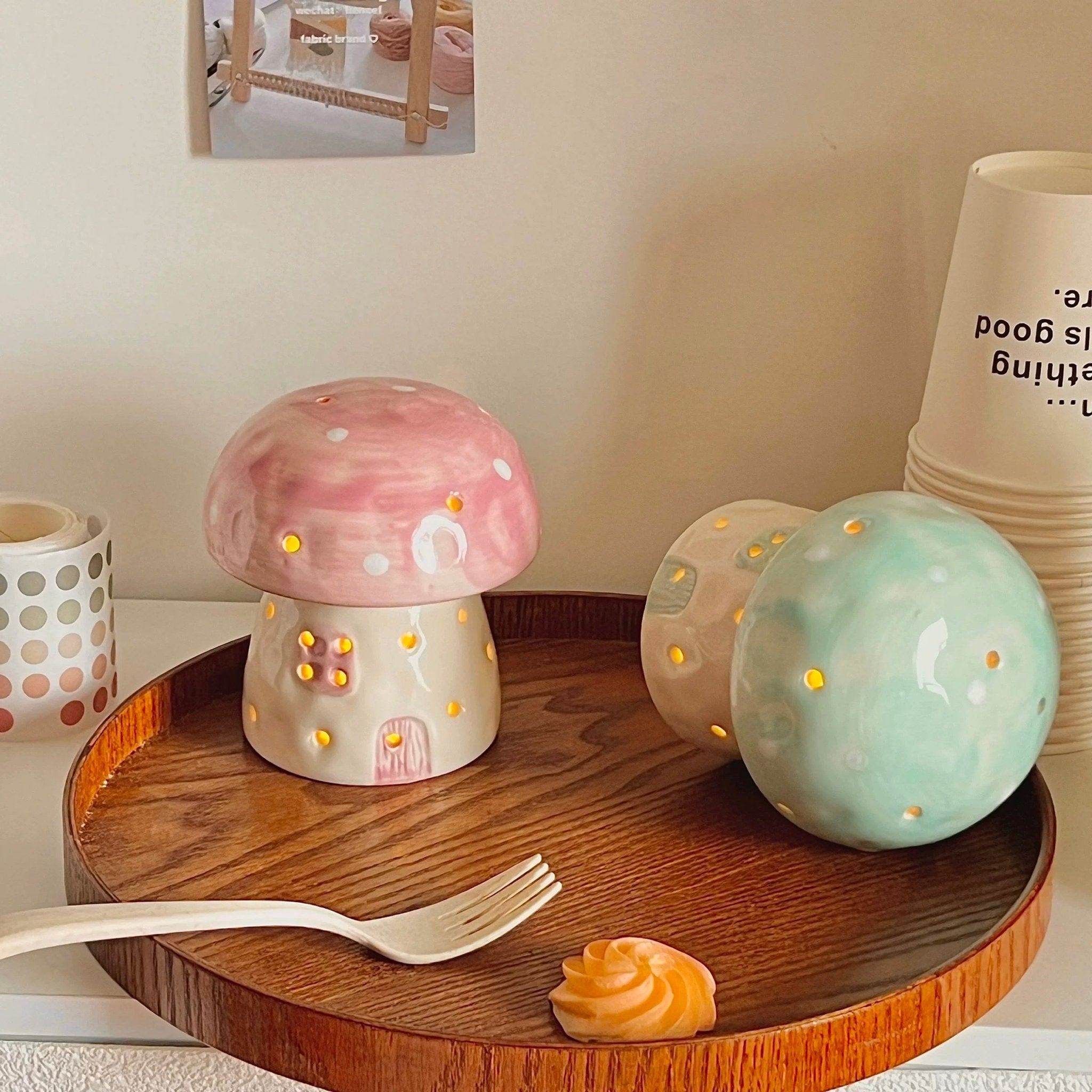 Kawaii-themed bedroom desk with cute cartoon mushroom lamp