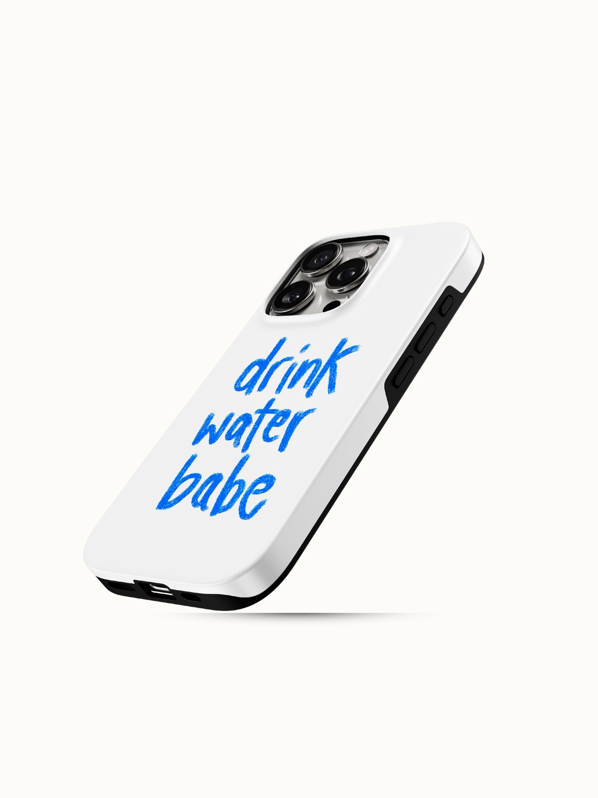 White iPhone case with blue handwritten drink water babe lettering, angled view