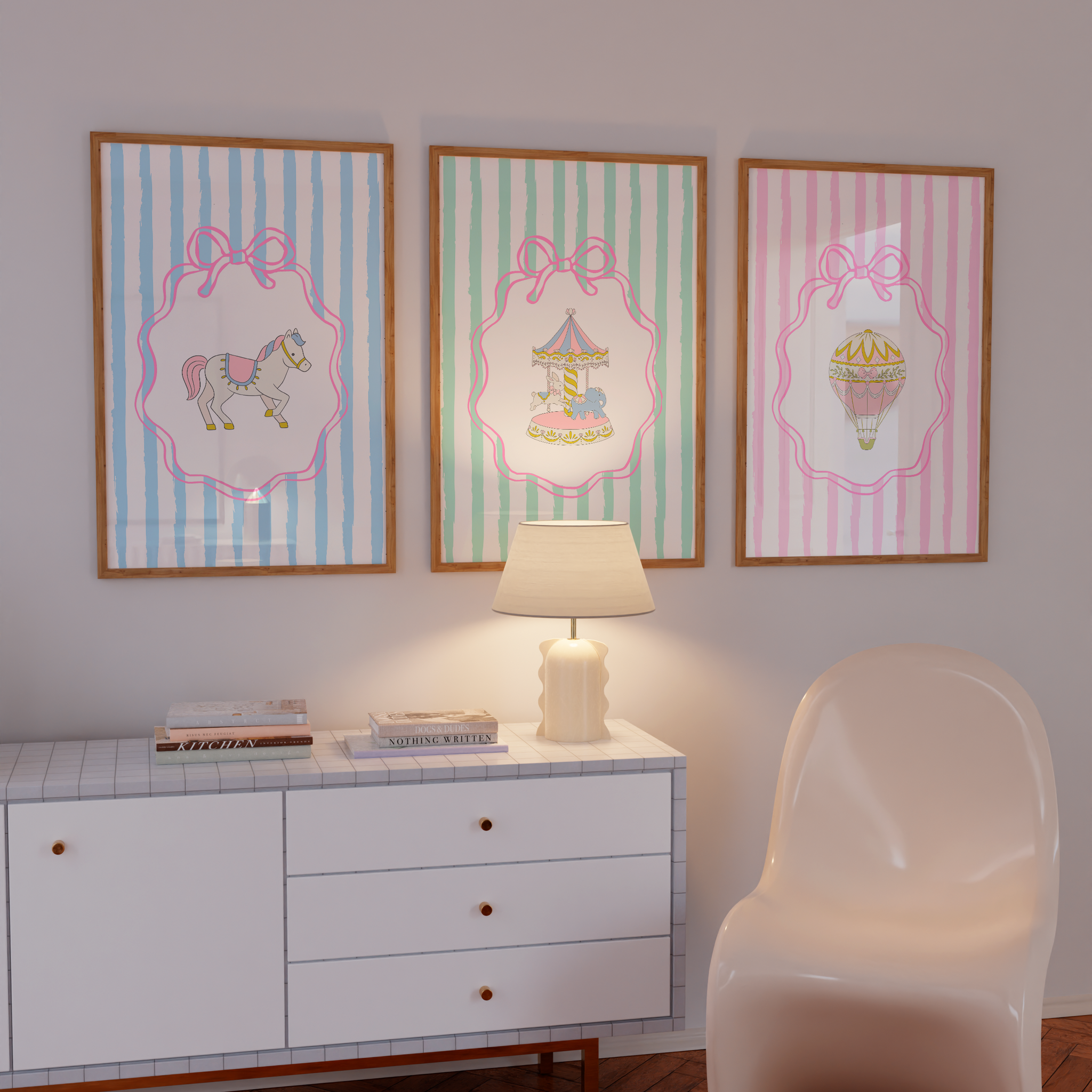 Soft pink and mint poster download for pastel baby room decor with dreamy fairytale elements.