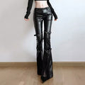 High-waisted faux leather flare pants with lace details