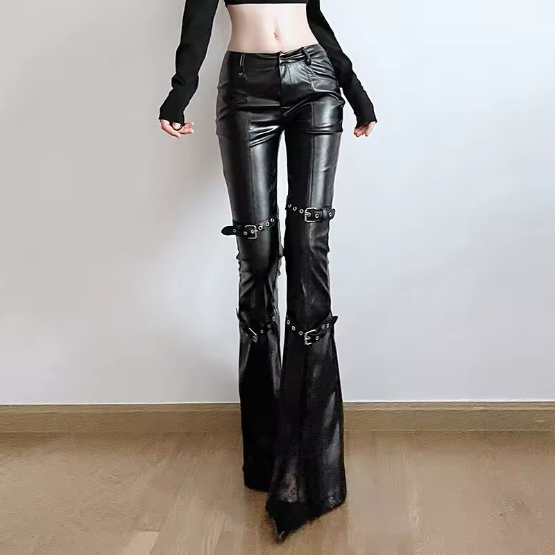 High-waisted faux leather flare pants with lace details