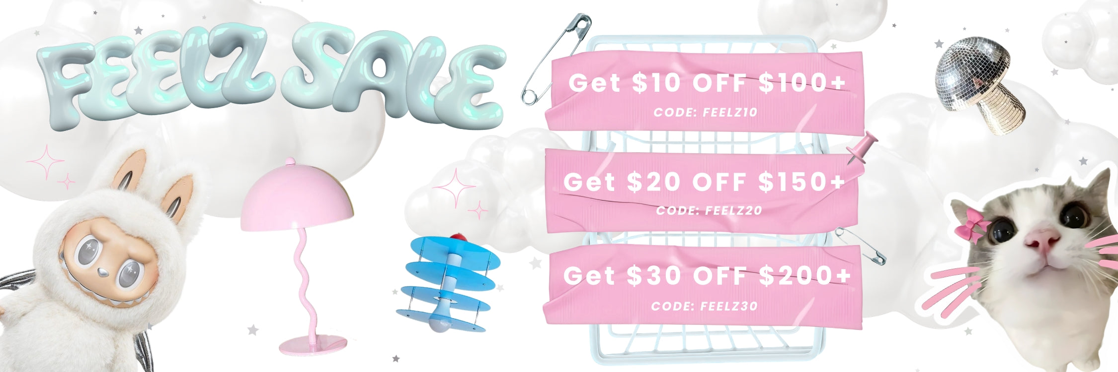 Promotional graphic with discount codes for a sale, featuring cartoon characters and pastel colors.1621243260e1af0c20-0