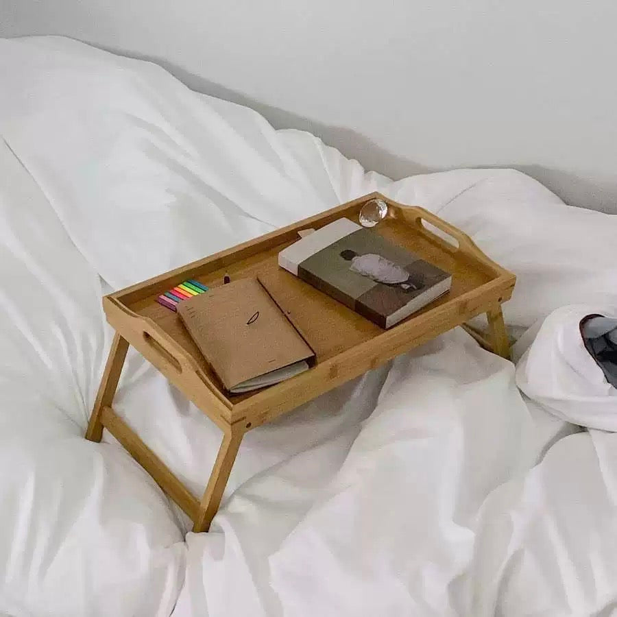 Portable folding wood bed table for camping and home