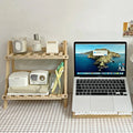 Multi-functional solid wood storage rack with two-tier design. Ideal for living room, bedroom, or office desk organization.