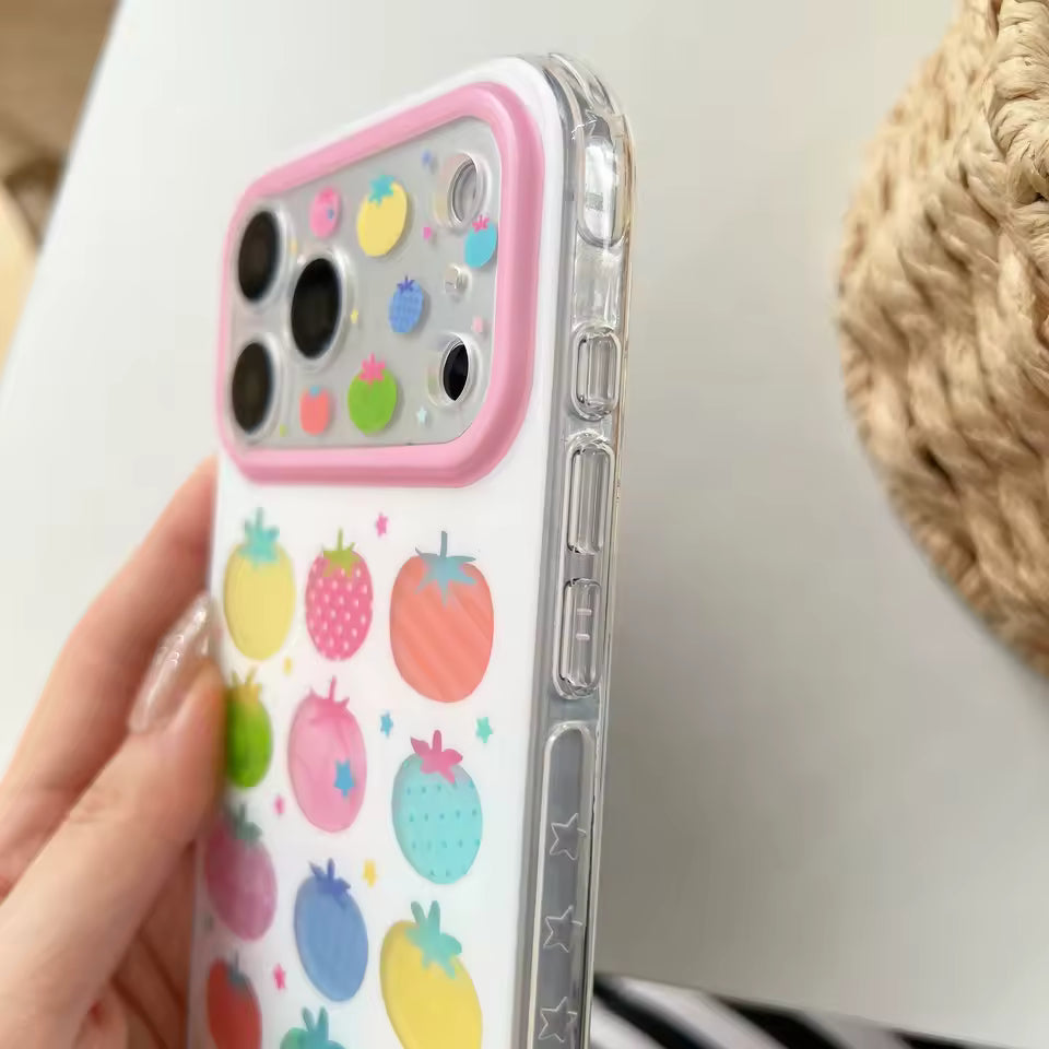 Kawaii tomato silicone iPhone case featuring cheerful fruit print colorful details and protective camera frame design