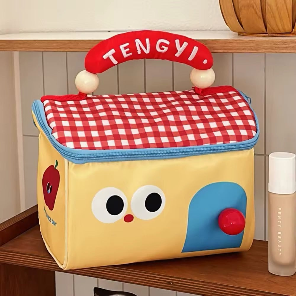 Durable insulated lunch or makeup bag in pastel tones with cartoon house illustration and handheld strap for portability