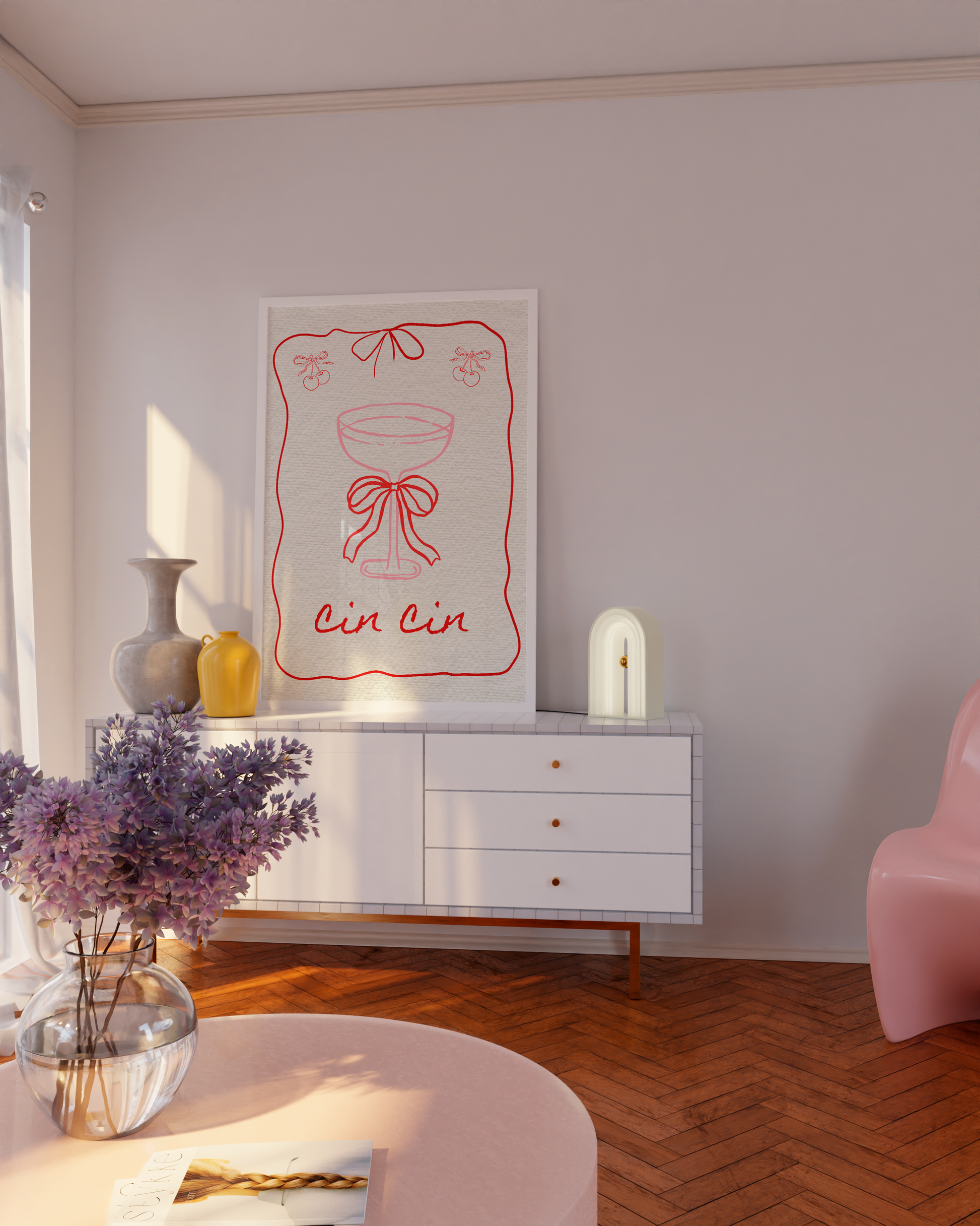 Feminine cocktail printable poster with 'Cin Cin' theme in stylish red and pink color scheme