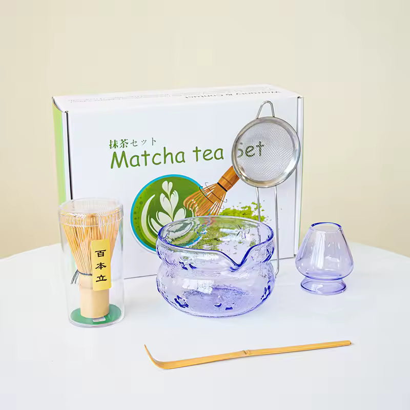 Pink and purple glass matcha bowl set with bamboo whisk holder for aesthetic kitchen tea rituals