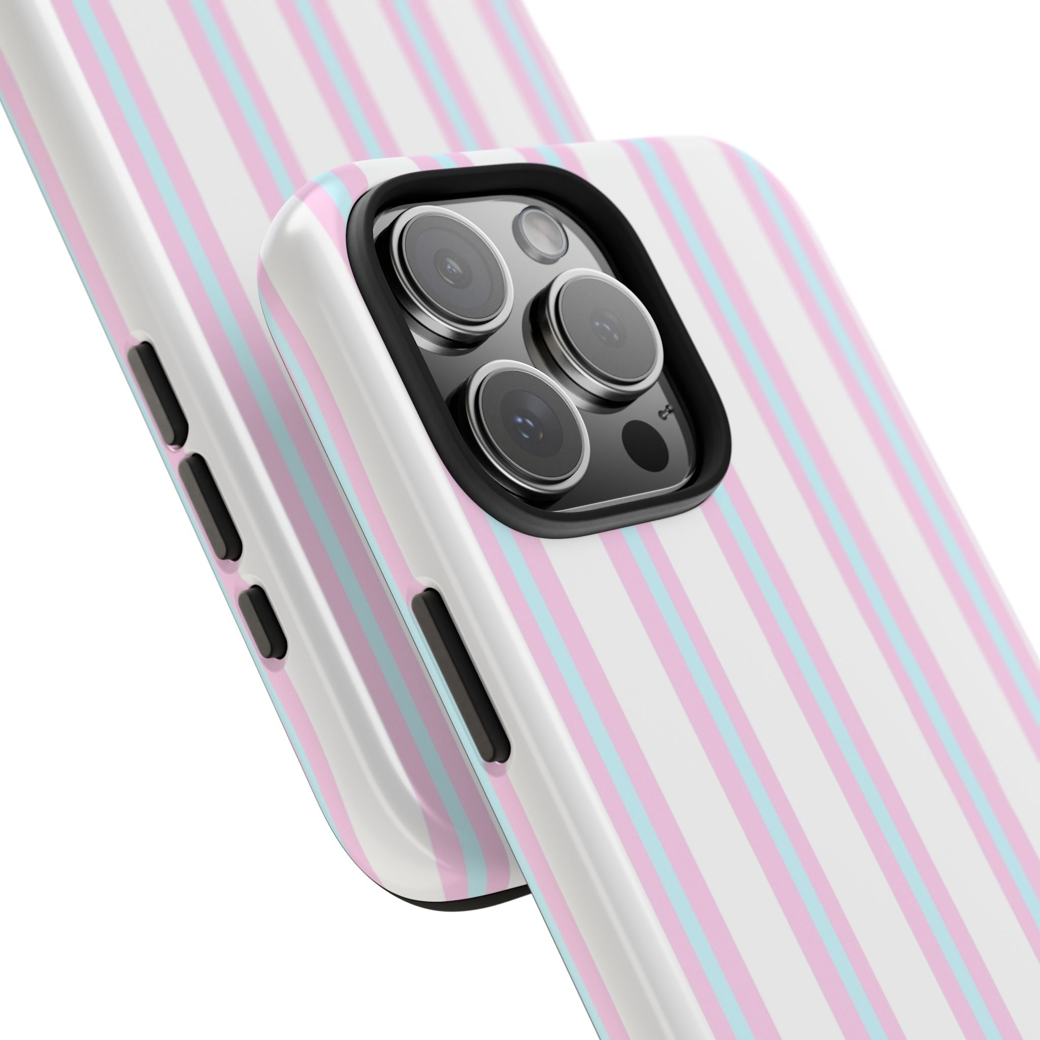 Phone case with pink and white striped design on a white background