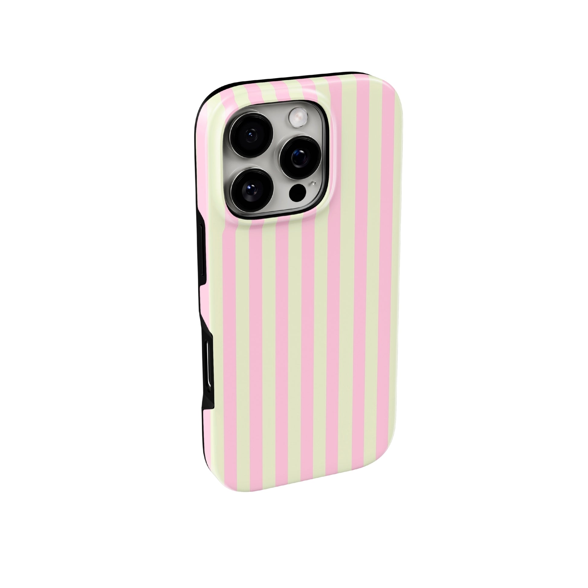 Phone case with pink and green striped design on a white background