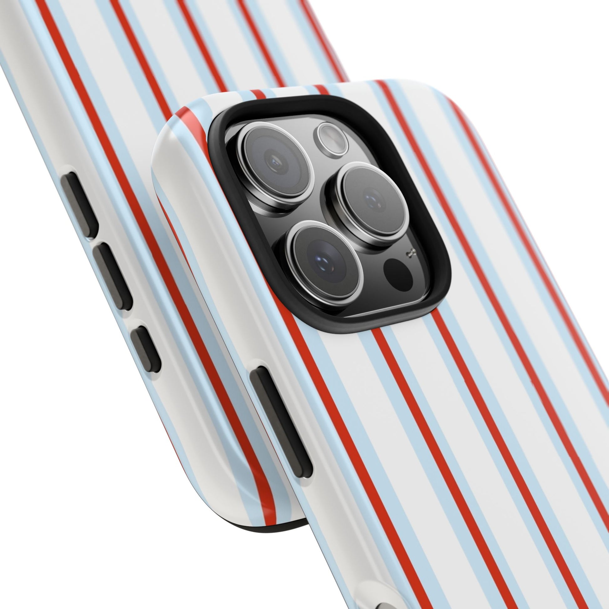 Phone case with red and blue striped design on a white background