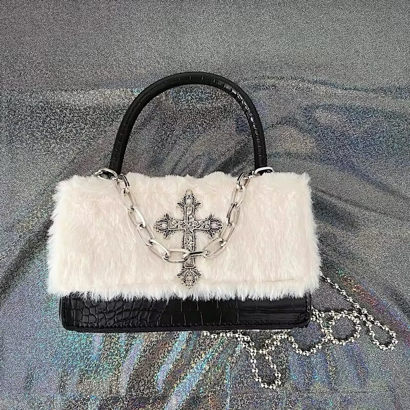 Harajuku-style Y2K gothic handbag with cross applique and chain strap. Perfect grunge accessory for women’s fashion.