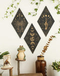 Witch bedroom decor with vintage-style wooden moon art