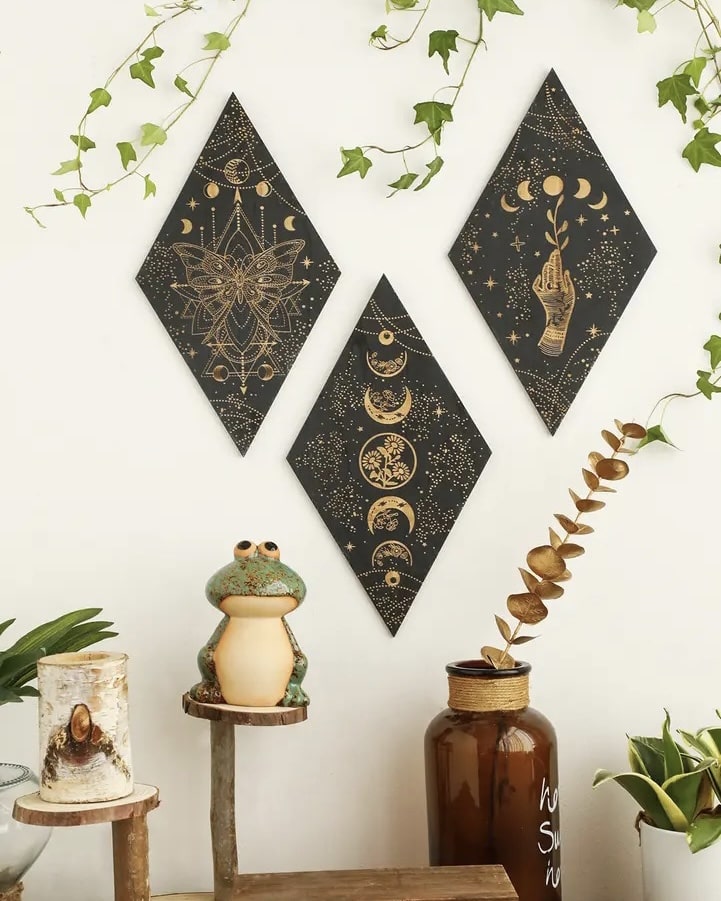 Witch bedroom decor with vintage-style wooden moon art