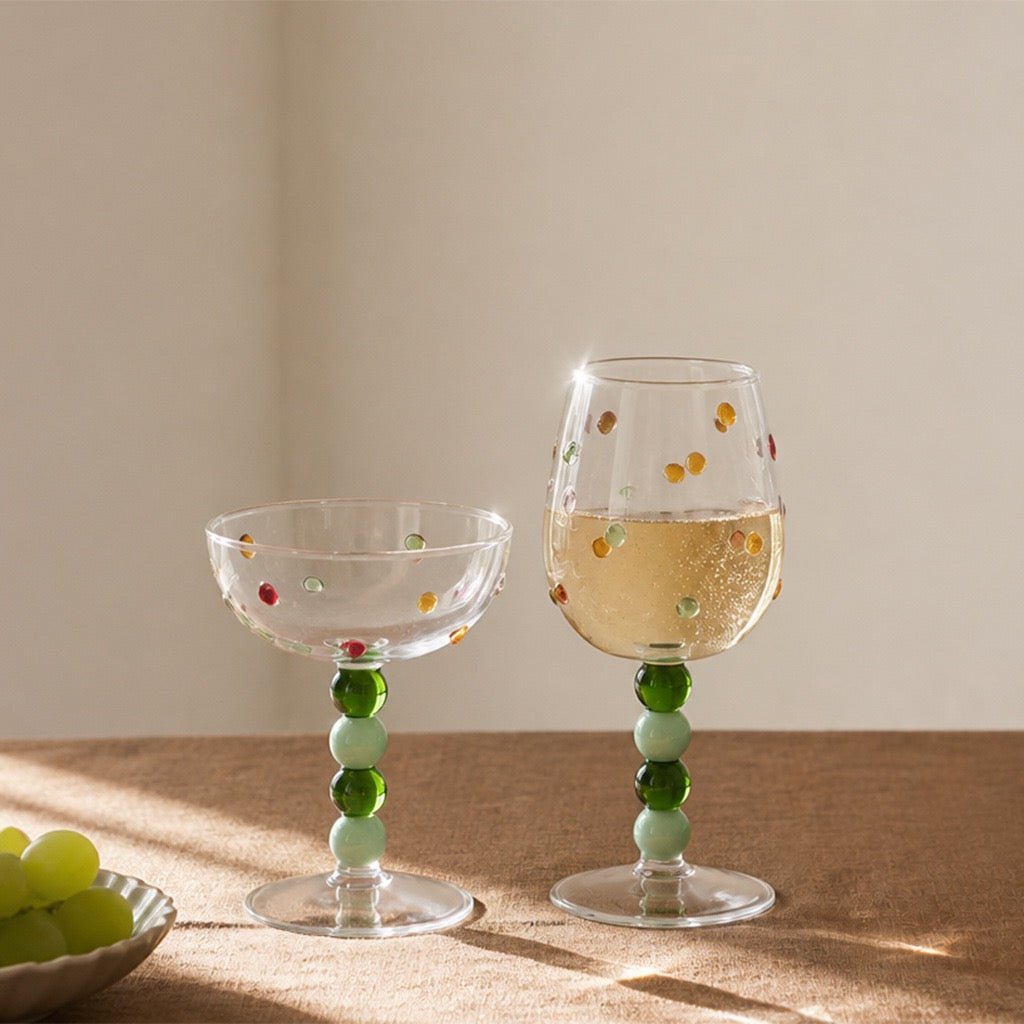 Polka dot ball stem wine glasses in green with dessert cup and goblet shapes