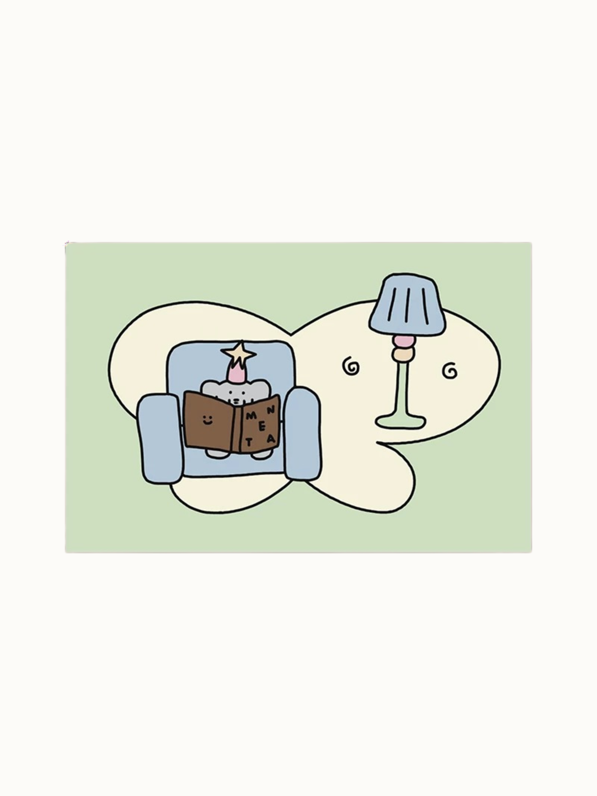 A green cartoon rug design shows an elephant reading a brown book in a blue armchair beside a drawn lamp.