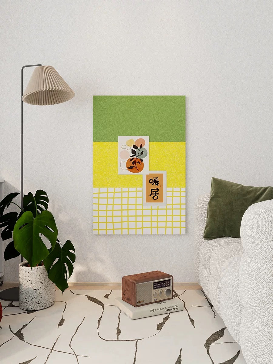 Yellow green checkered felt pin board with pinned art on a bedroom wall beside a plant and bed