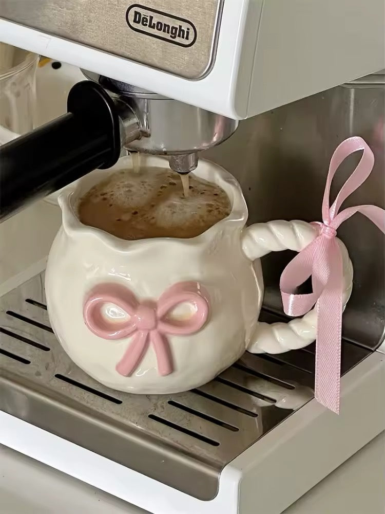French cream relief mug with soft girl aesthetic pink design