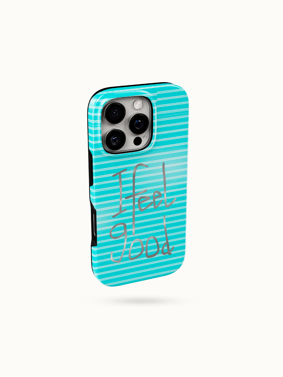 Light blue striped iPhone case with handwritten I Feel Good lettering, three-quarter back view with camera cutout