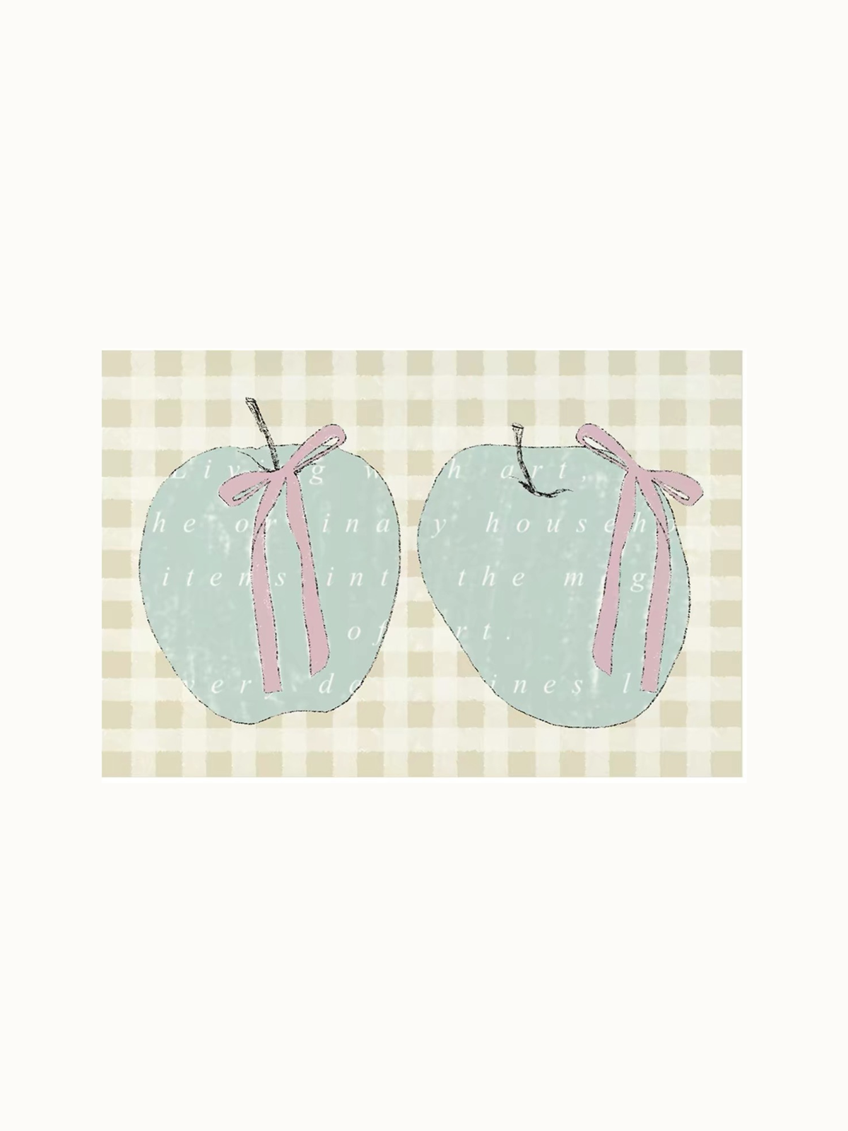An indoor door mat features two green apples with pink bows across a pale yellow and cream gingham background.