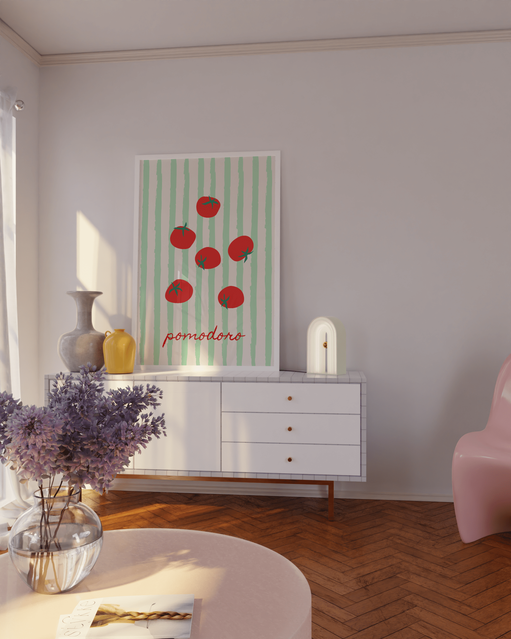 Eclectic retro tomato print trio styled in warm light for dopamine rooms.