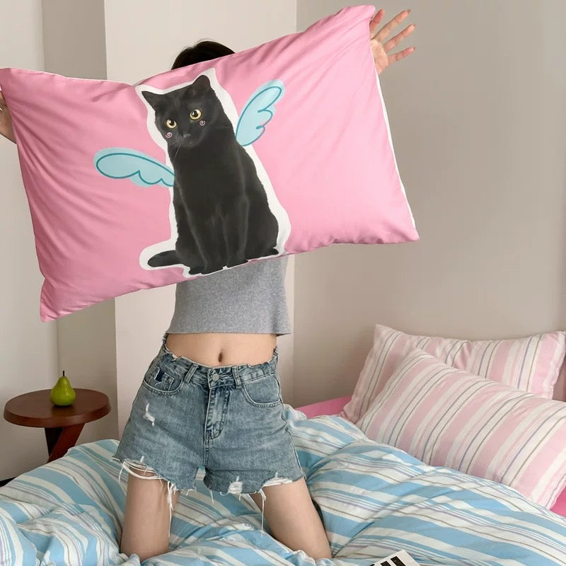Person holding a pillow with a rabbit illustration and text 'Can you see me?' in a bedroom setting.
