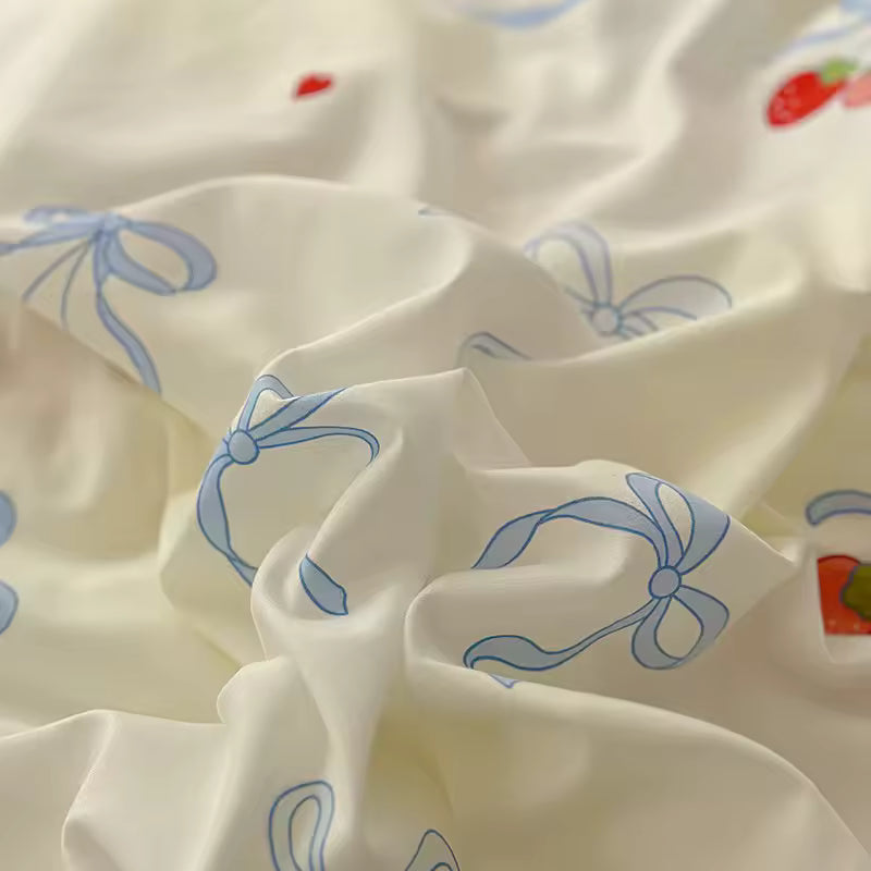 Fluffy kawaii duvet cover featuring cherry and ribbon print for girly bedroom decor.