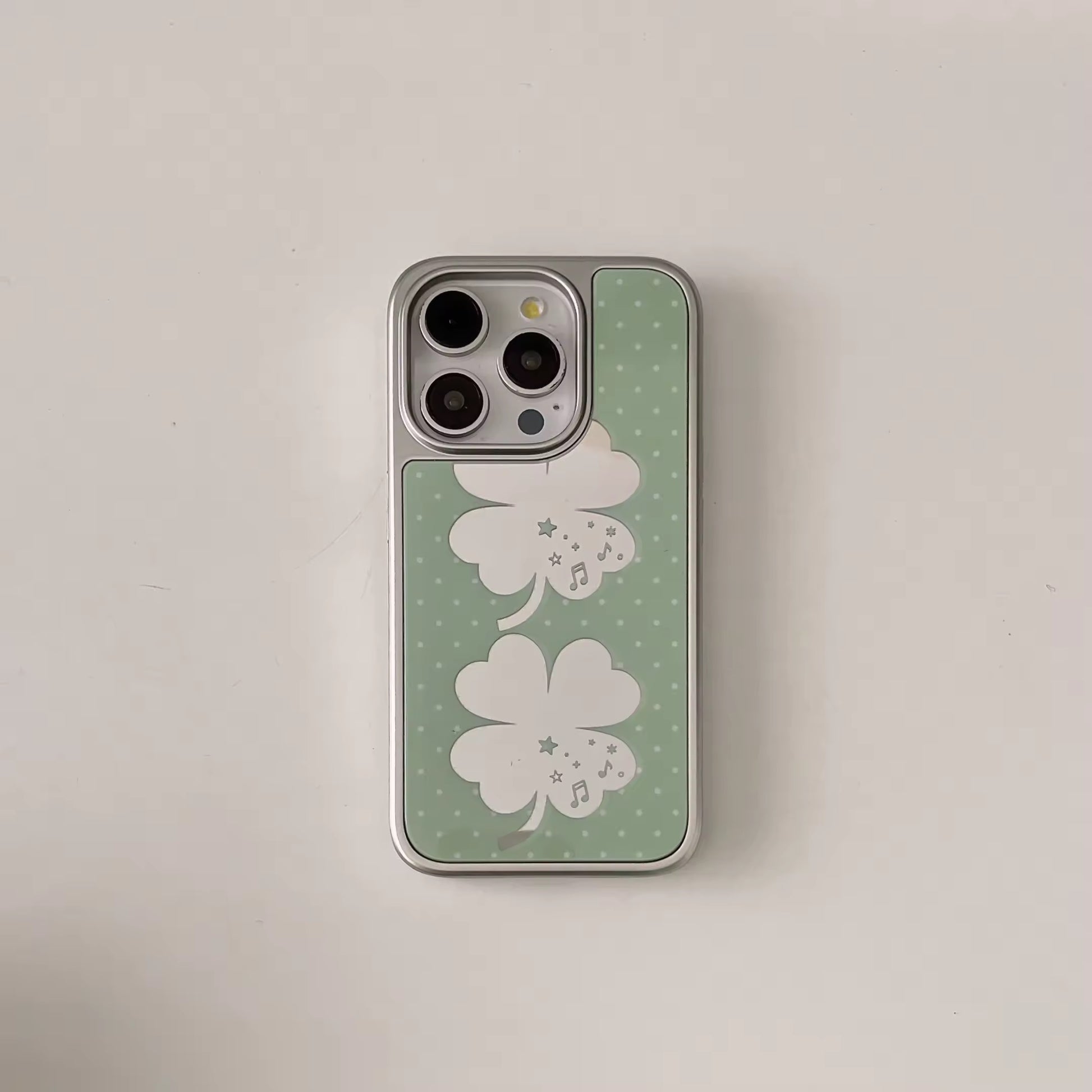 Flatlay with lucky clover iPhone case, perfect for journaling and soft girl setups
