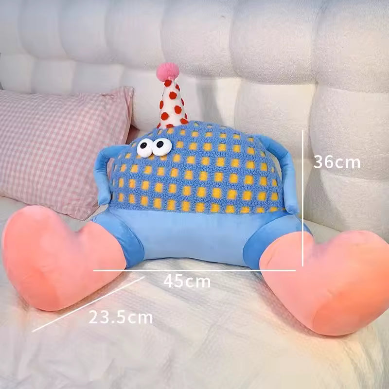 Cute plush monster waist cushion with big feet, perfect back support pillow for bed, sofa and kawaii bedroom decor.