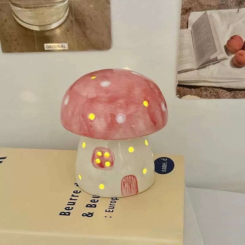 Kids bedroom desk setup featuring a pink mushroom LED lamp