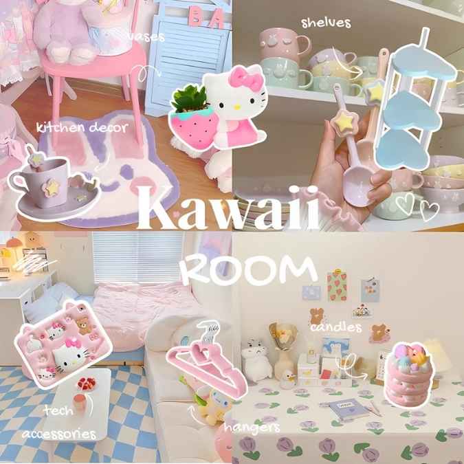 Collage of kawaii-themed room decor items including shelves, kitchen decor, and tech accessories.