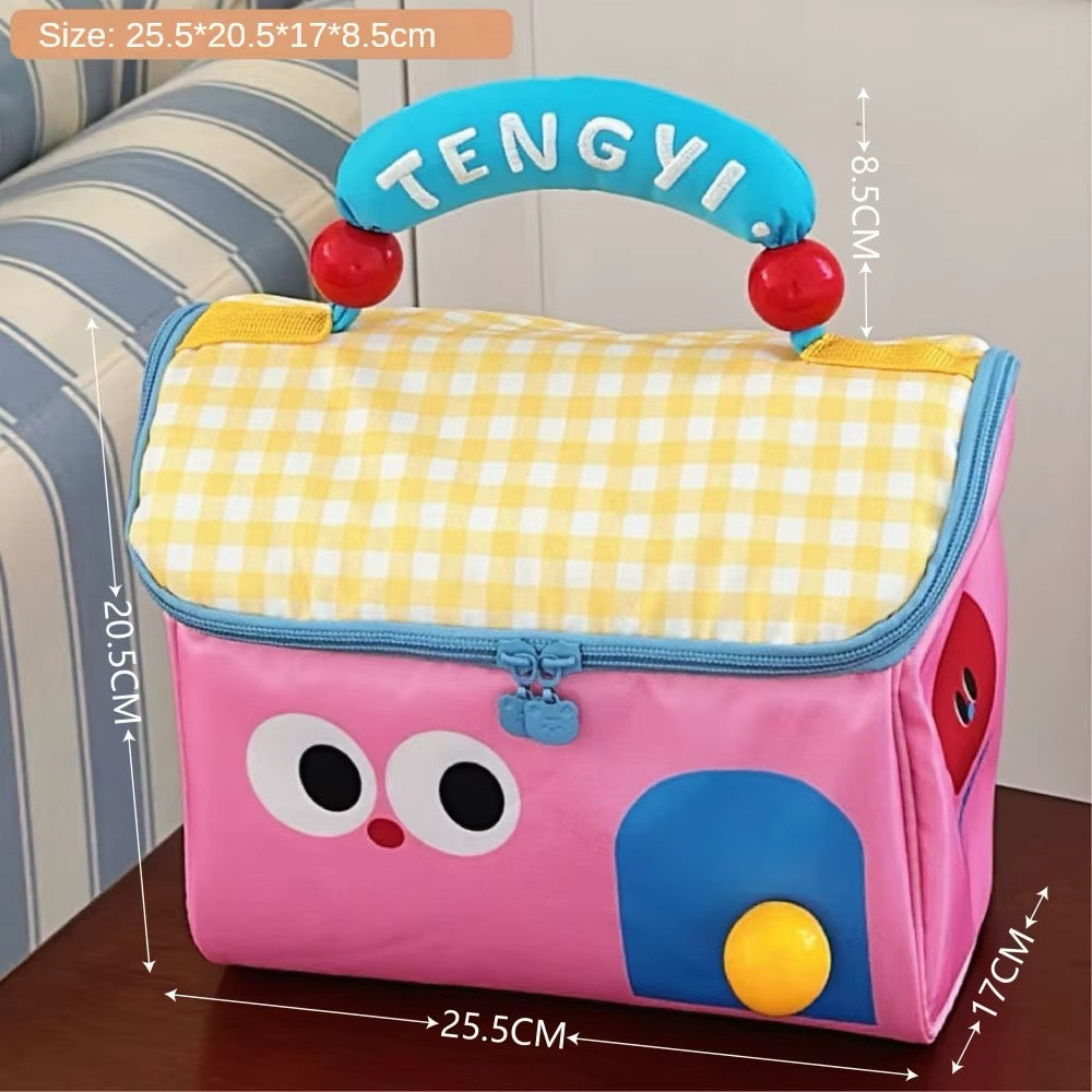 Kawaii cottage makeup pouch with cartoon design and zipper seal, made for everyday use or travel beauty organization
