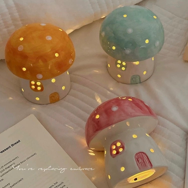 Soft pastel mushroom nightlight with polka dots on top