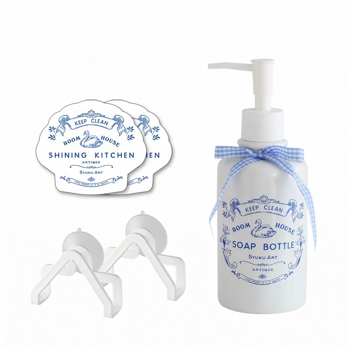 Kitchen soap dispenser is shown with two matching dish sponges and two white suction cup sponge holders.