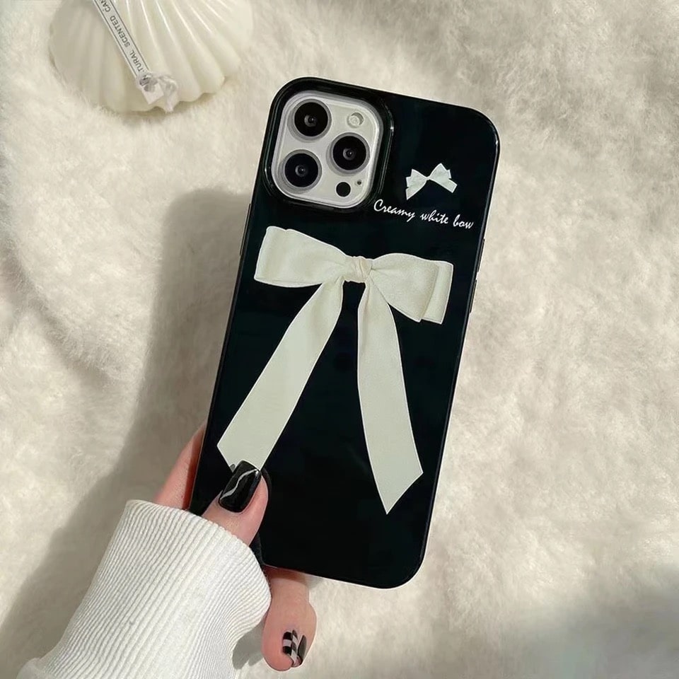 Retro Korean Ribbon Phone Cover – Cute Coquette Bowknot iPhone Case in Black for iPhone 7, 8 Plus, X, XS, XR