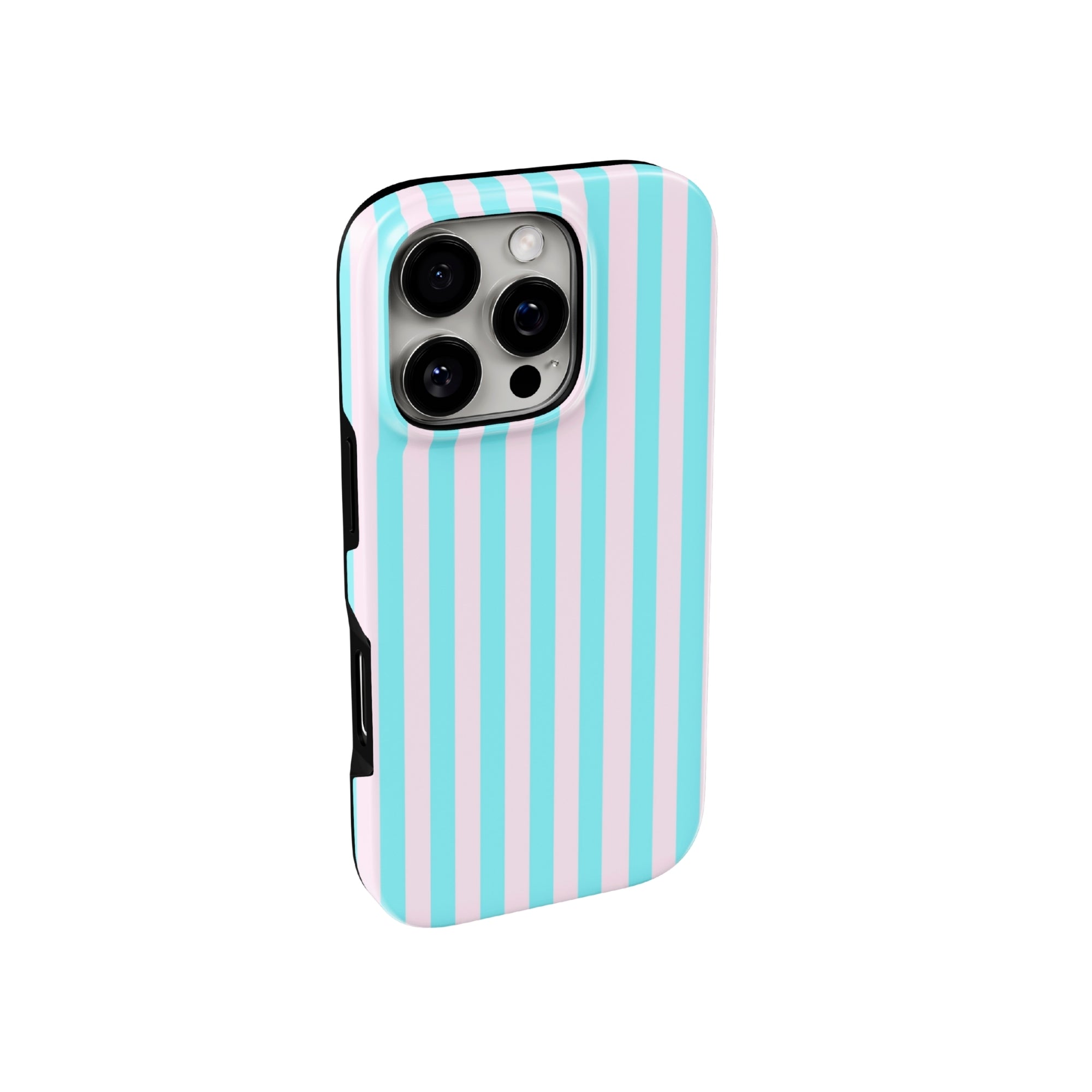 Phone case with blue and pink vertical stripes on a white background