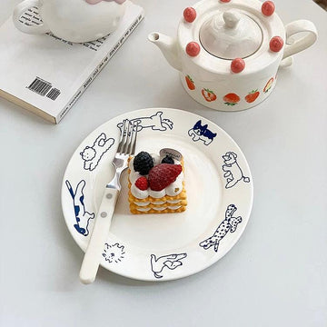 Korean vintage ceramic plate with cute cat and dog design