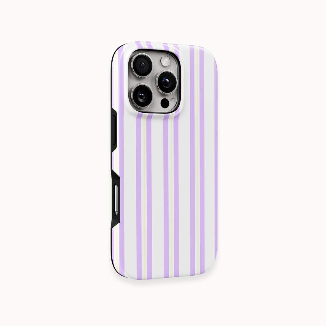 A phone case with a vertical stripe pattern in mint green, light blue, and pink on a white background, shown on a light off-white studio background.