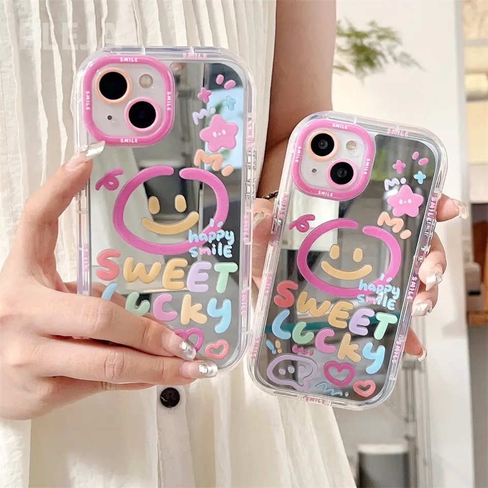 Y2K Sweet iPhone case with heart mirror and graffiti design. Shockproof back cover for iPhone 11, 12, 13, 14, 15, and 16 Pro Max.