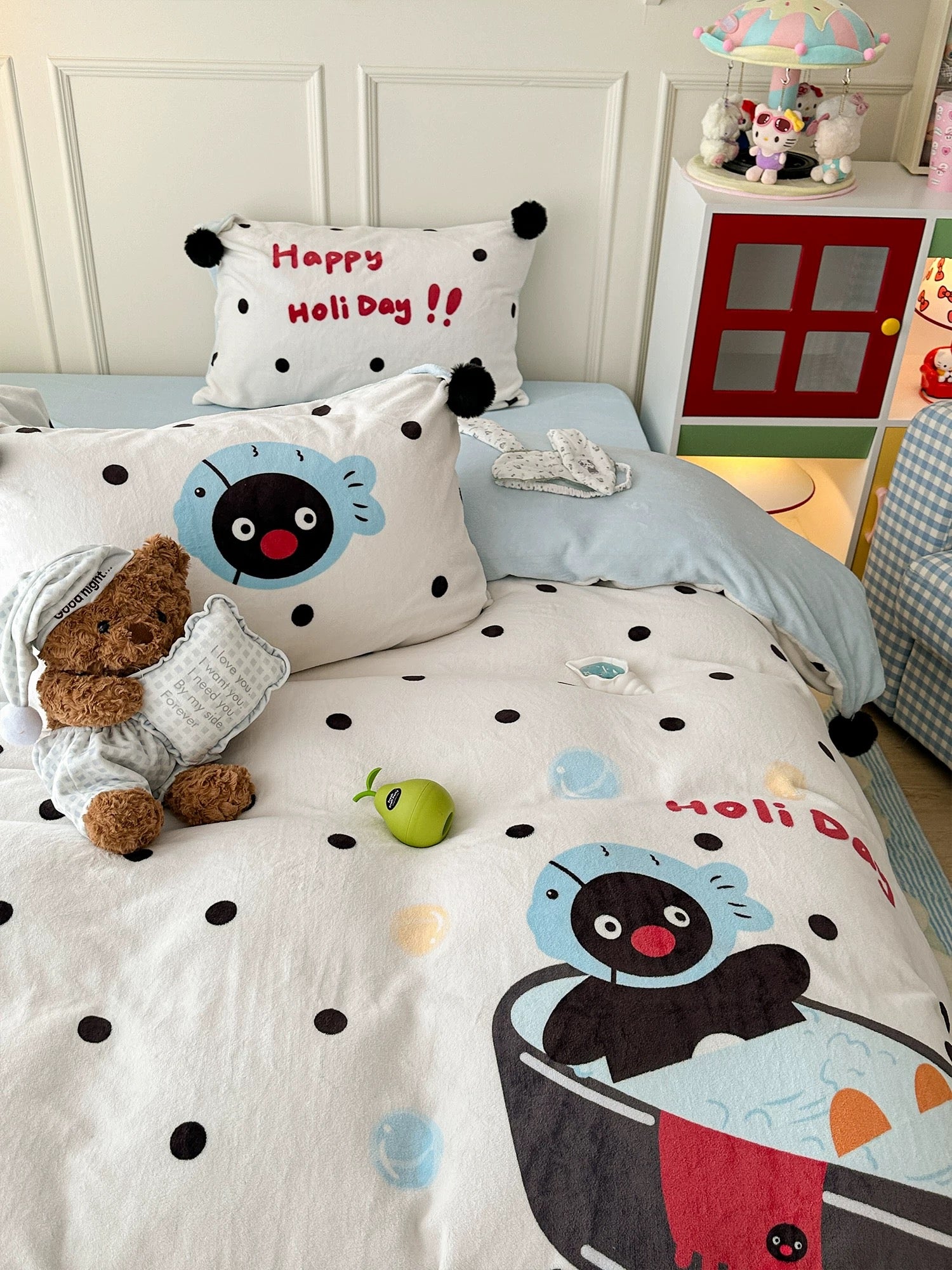 Milk fleece penguin bedding set displayed in soft girlish dorm room winter interior