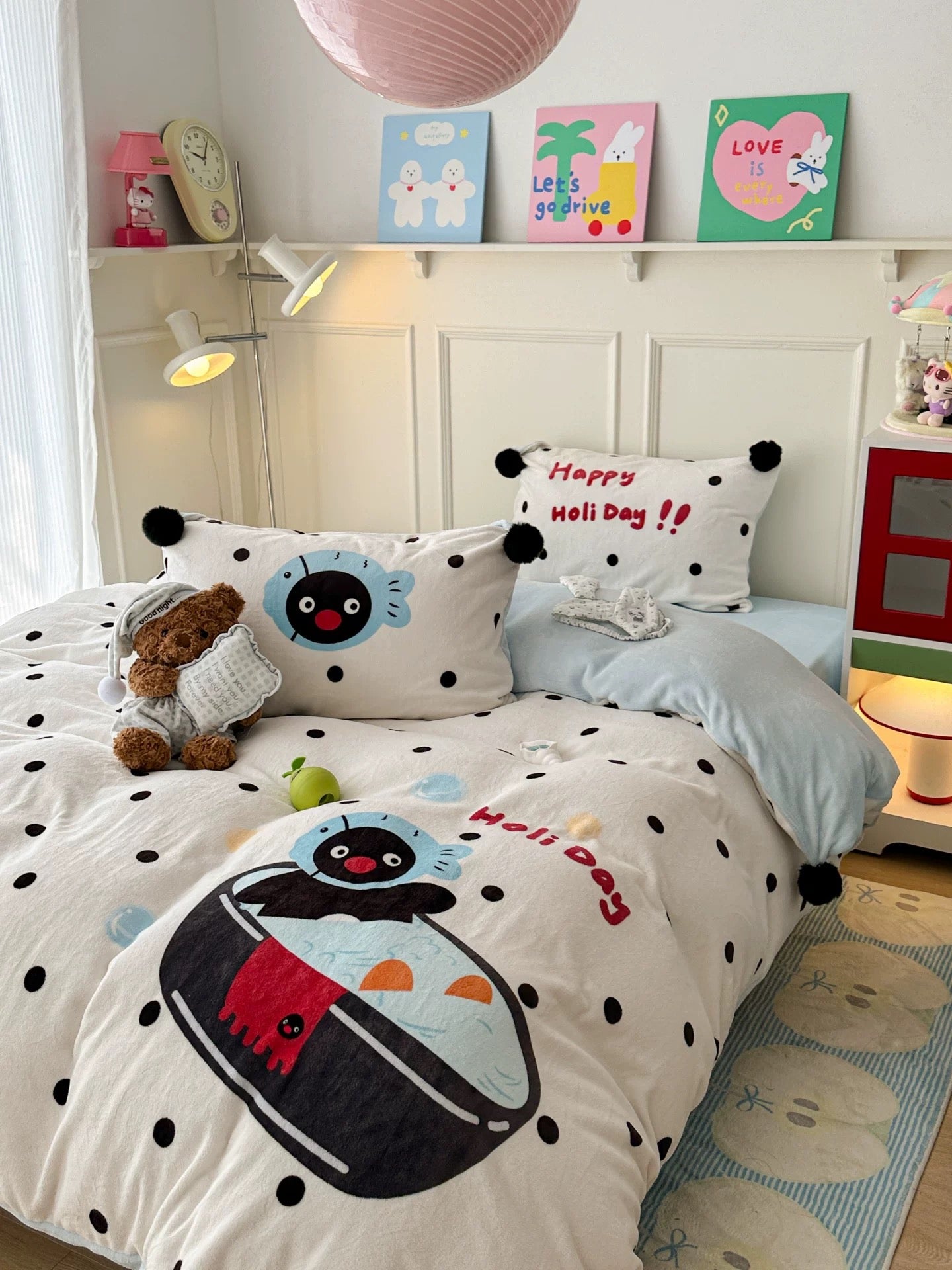 Milk fleece penguin bedding set creating soft warm vibe in winter dorm room