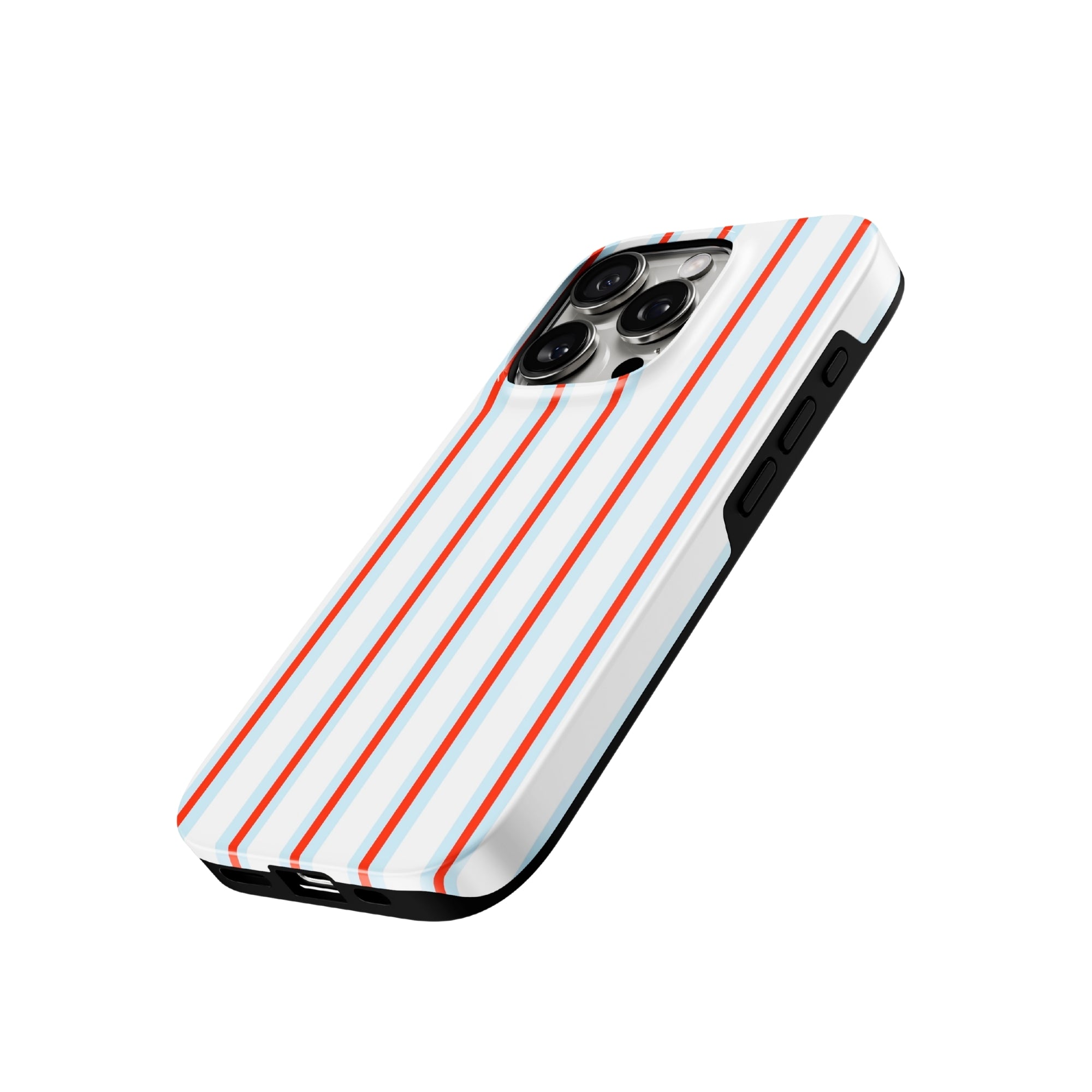 Phone case with red and blue striped design on a white background