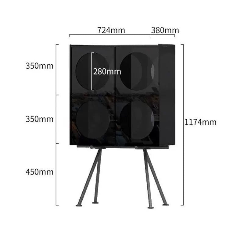 Black outdoor speaker with dimensions labeled on a white background