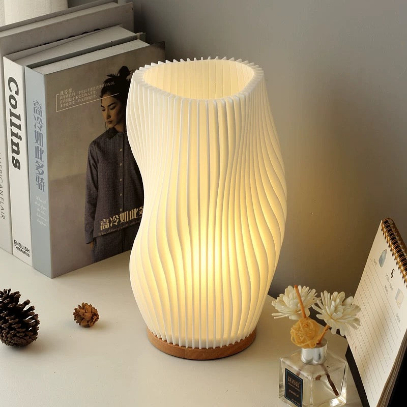 Modern striped desk lamp with touch dimming, USB charging, and wooden base. Eco-friendly 3D printed PLA lampshade for bedside decor.