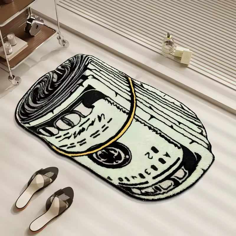 Funny dollar rug placed beside a bed, ideal for dopamine decor setups
