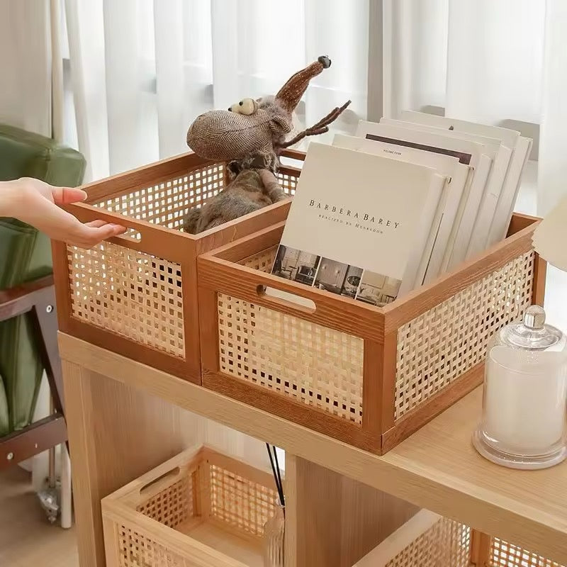 Multipurpose Wooden Storage Organizer – Vintage Rattan Basket