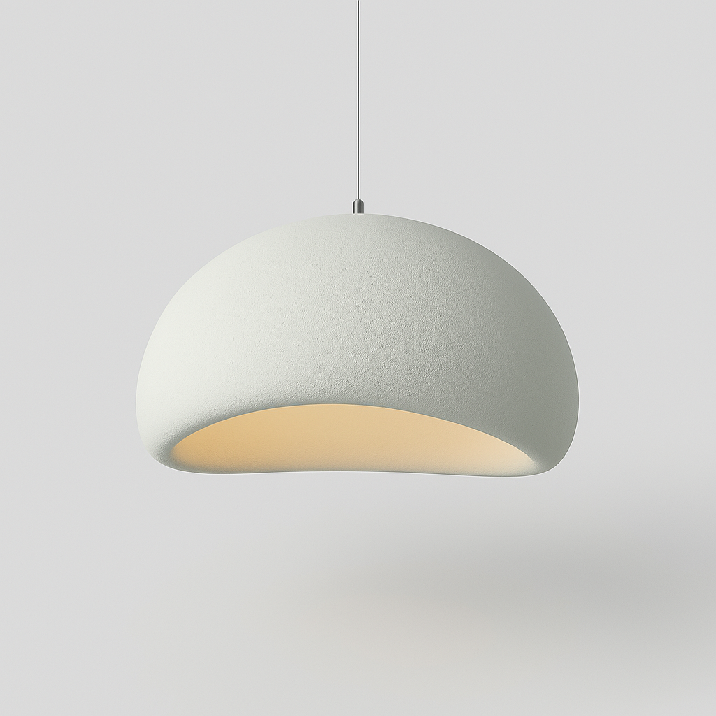 White textured dome chandelier in a Japandi-style living space