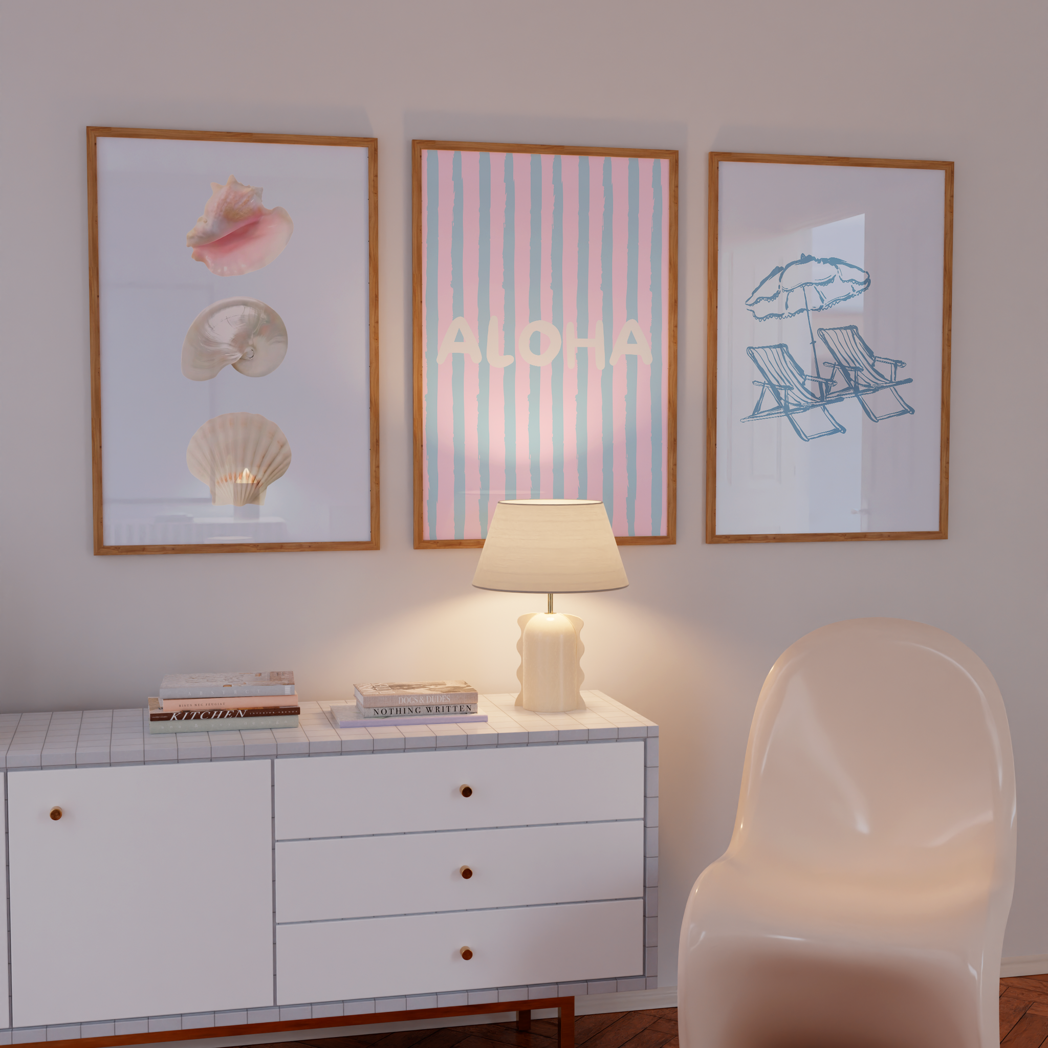 Pastel striped 'ALOHA' poster in pink and blue, perfect for coastal dorm room wall decor